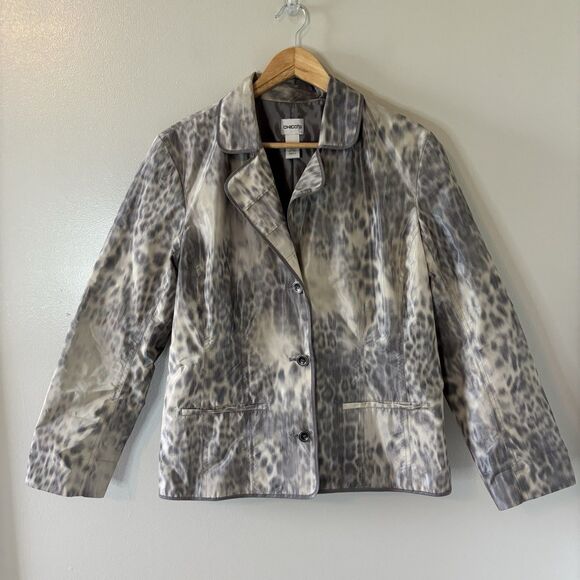 Chico’s Animal Print Blazer Gray Ivory 3-Button Jacket Lined Sz 2 Large - Picture 1 of 7